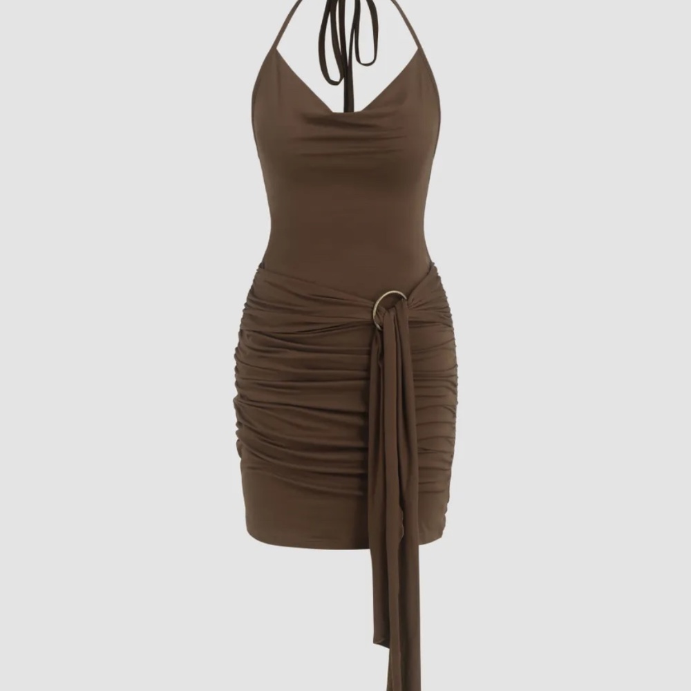 Cider Halter Crowl Neck Ruched Mini Dress